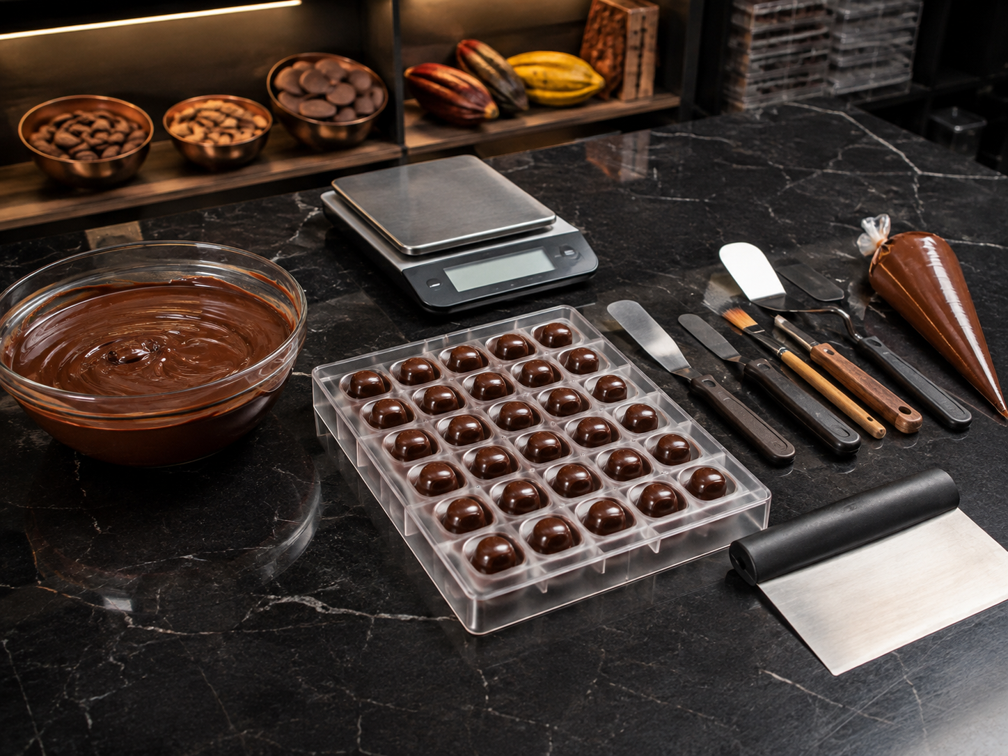Trạm thực hành với khuôn chocolate đã đổ, dải thử ủ nhiệt và dụng cụ sạch xếp theo thứ tự